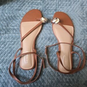 Tan and Beige Ankle-Strap Flat Sandals